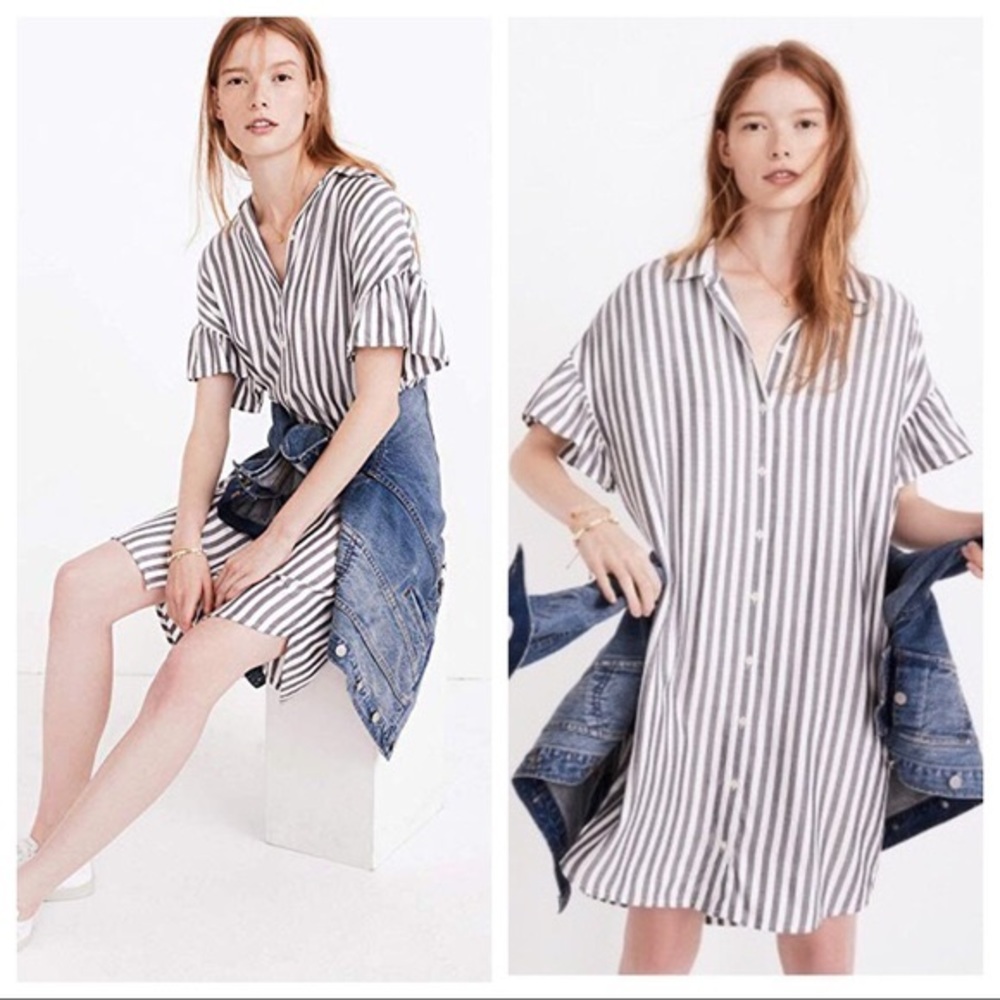 NWT Madewell courier stripe ruffle sleeve dress